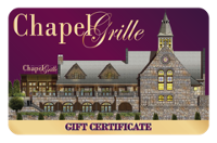 Chapel Grille Logo over and illustration of a Chapel with a maroon background.